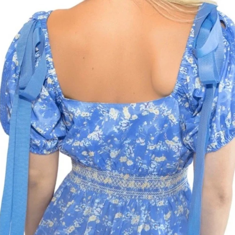 LoveShackFancy Angie Short Sleeve Floral Maxi Dress, Women's Size 4 - Blue Jay - Picture 5 of 13